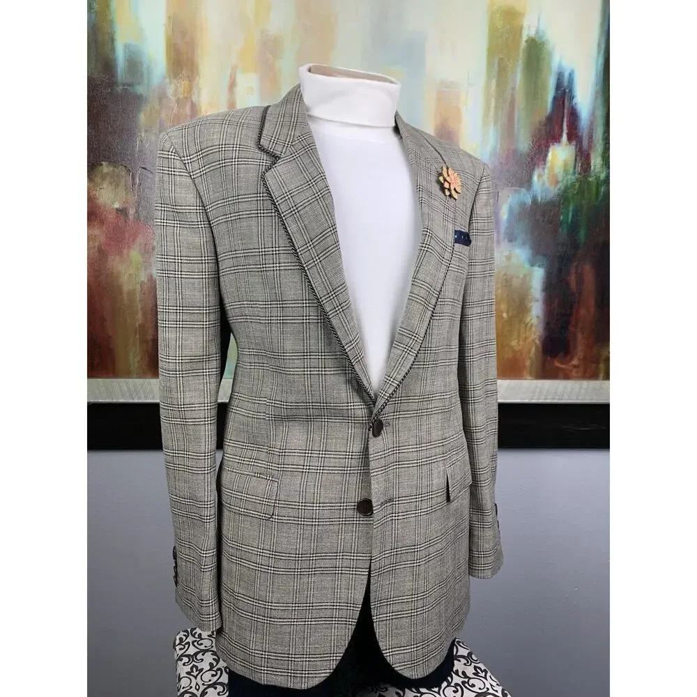 Etro Blazer 42R 52IT Beige Plaid Paisley Linen Wool Italy Sport Coat Luxury